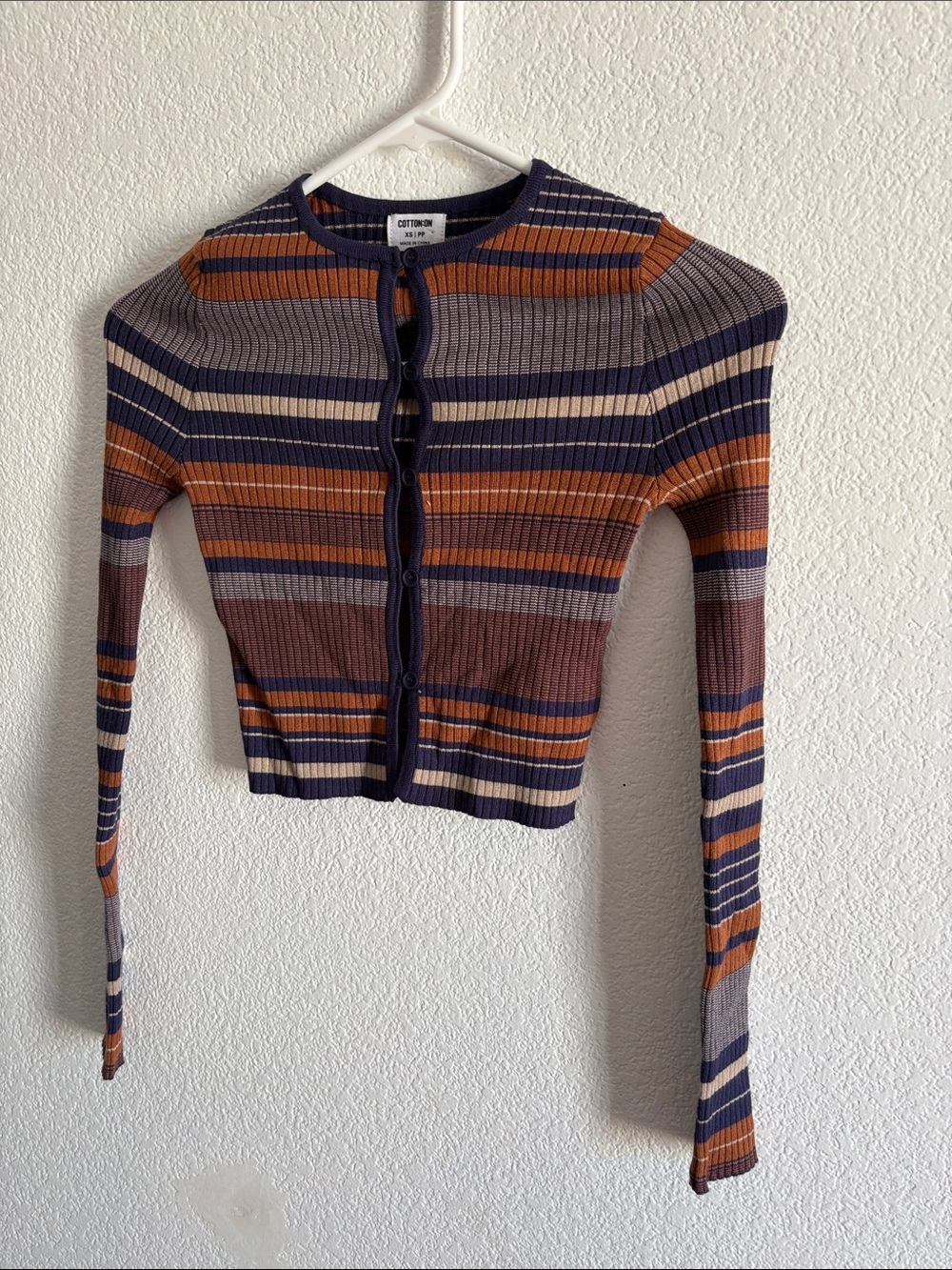 Cotton On Striped Rib-Knit Button Cardigan - Navy & Rust